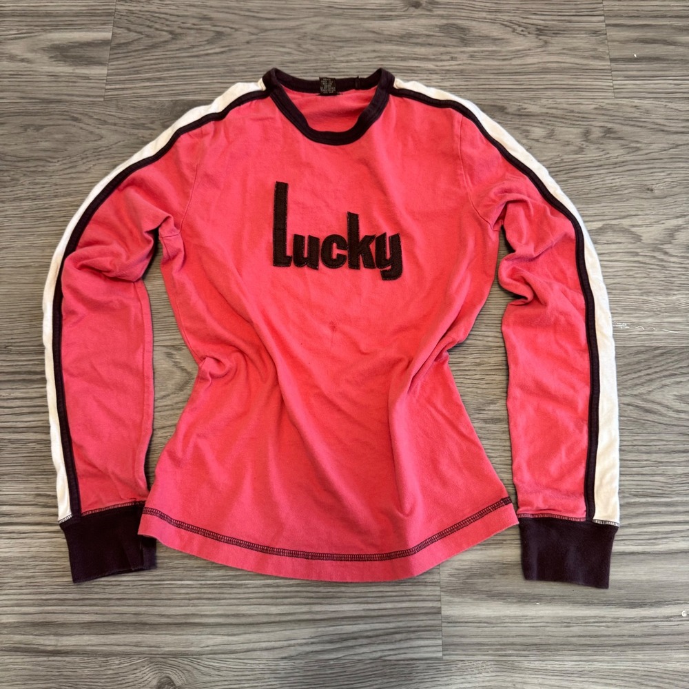 Vintage Y2K Lucky Brand Pink Long Sleeve Graphic Tee Racing Stripe Shirt Medium